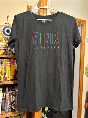 PINK Black T Shirt Short Sleeve Rainbow Logo